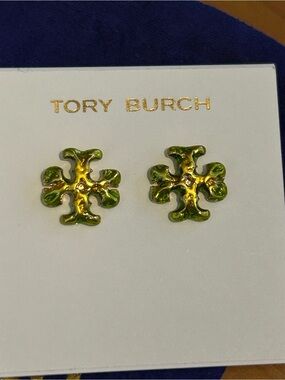 Tory Burch Green and Gold Roxanne Stud Earrings